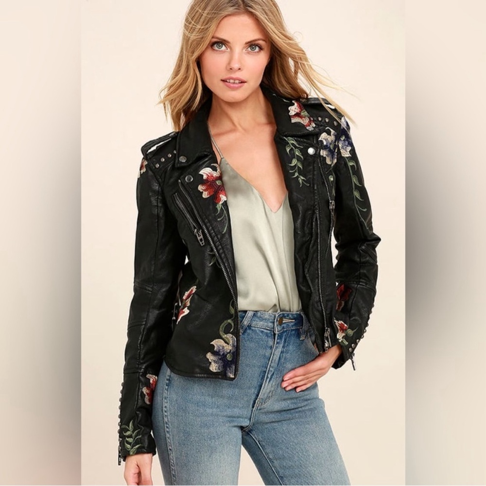 Blank NYC Faux Leather Bikercore Moto Jacket Crop Studded Floral Zippers Black